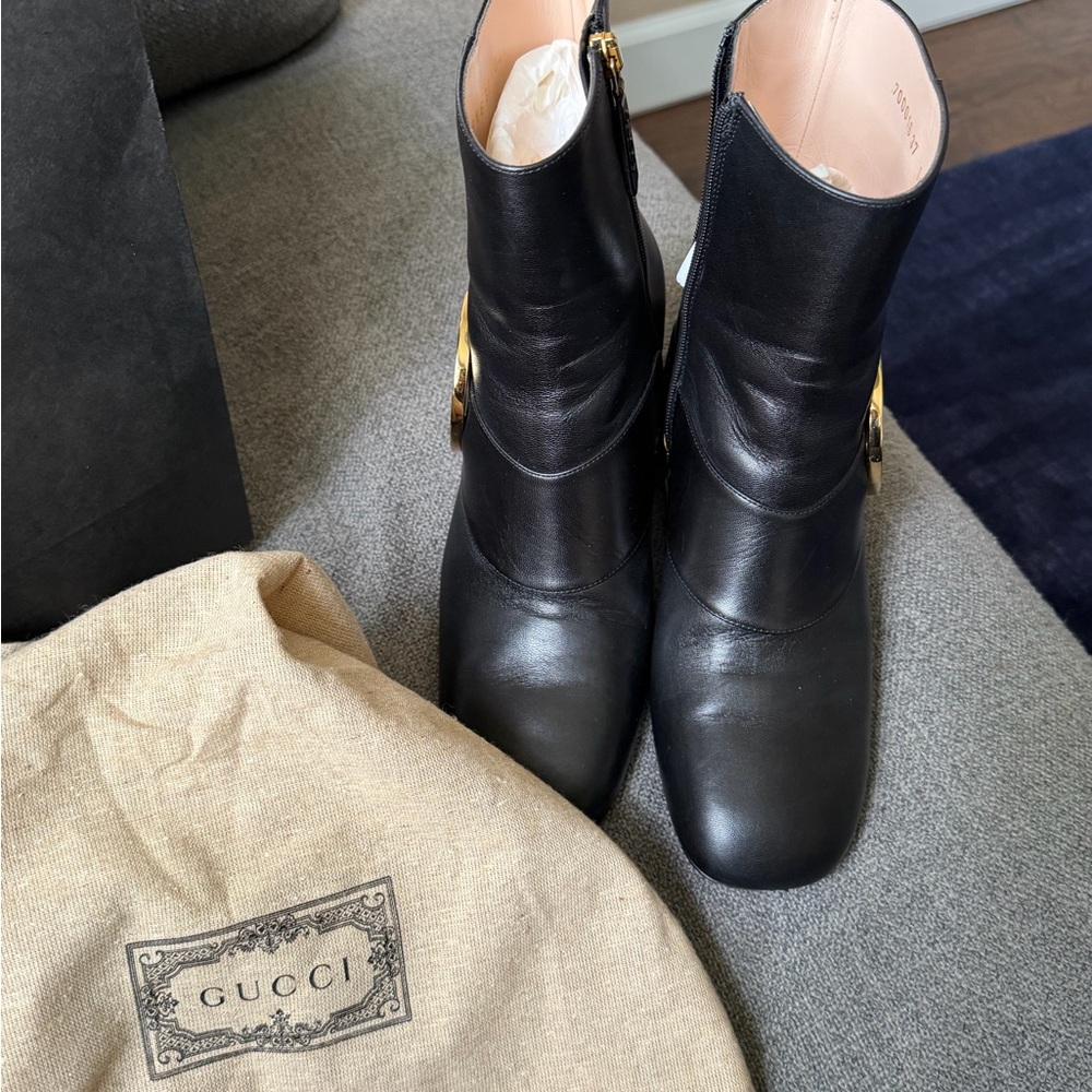 Gucci Black Leather Ankle Boots with Gold Accents